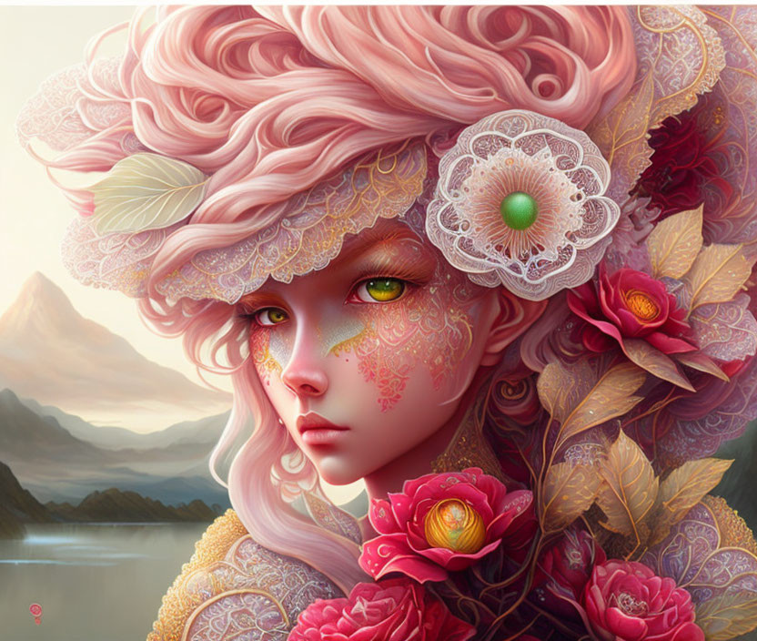 Detailed portrait of female with pink hair, flowers, lace, mystical background