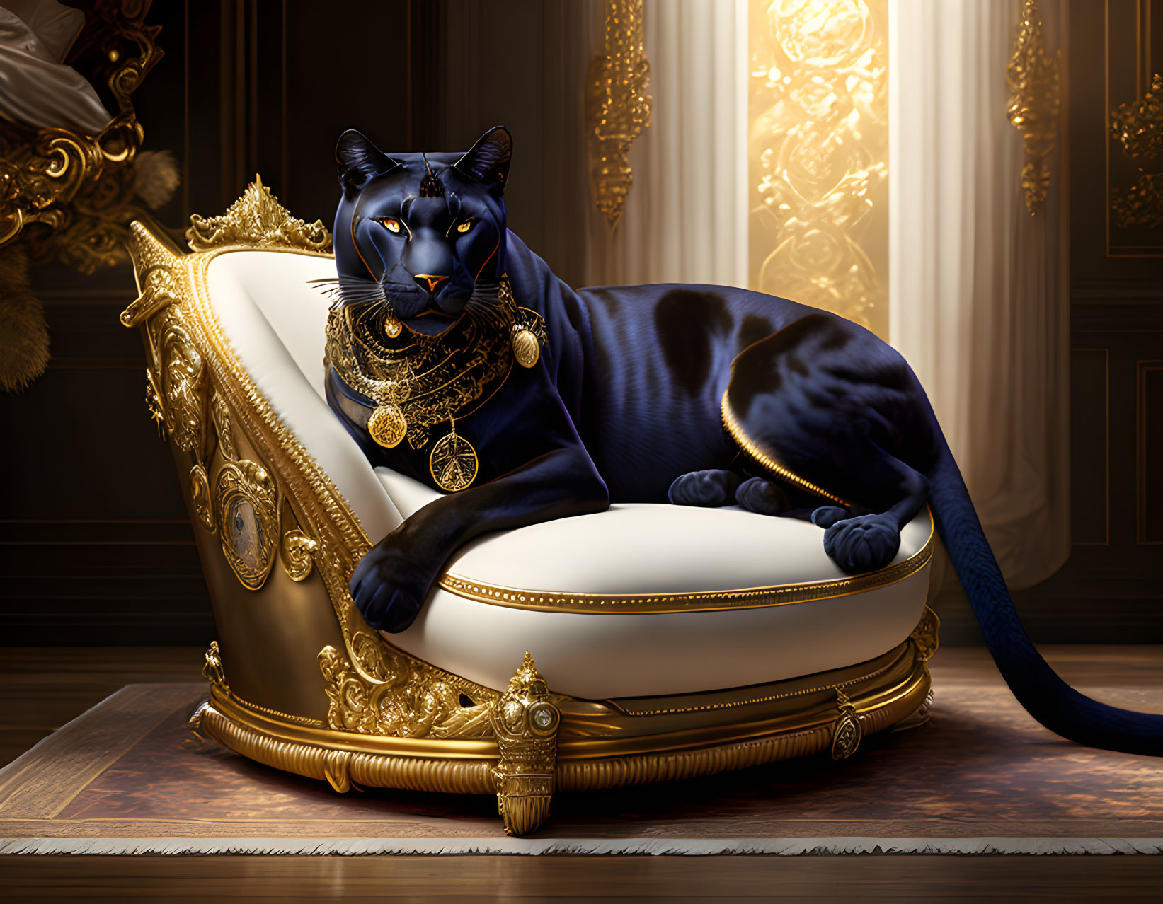 Majestic black panther on gold throne in luxurious room