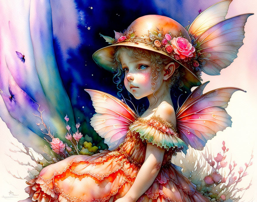 Young girl with butterfly wings in floral hat and orange dress in fantasy setting