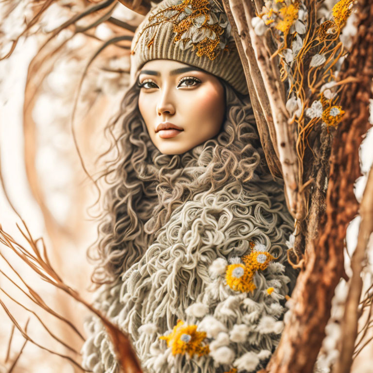 Woman in knitted hat and gray scarf among yellow flowers and bare branches, evoking autumn.