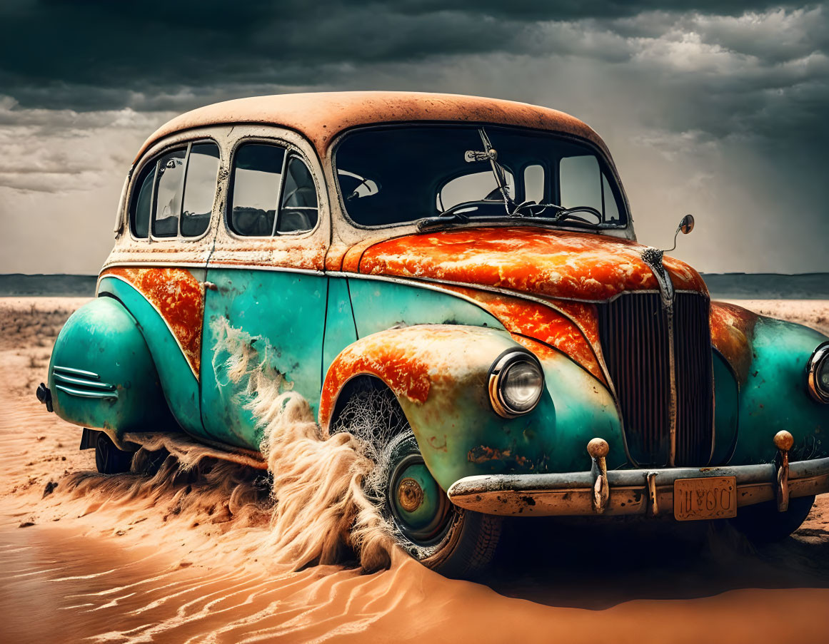 Vintage Car Half-Buried in Desert Sand with Peeling Turquoise and Orange Paint