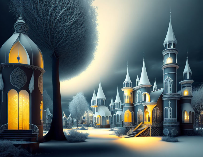 Whimsical castle-like buildings in snowy nighttime scene