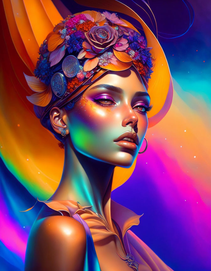 Vibrant Woman with Floral Headpiece on Colorful Cosmic Background