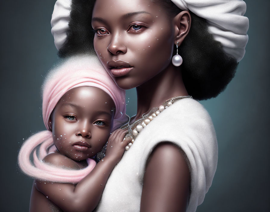 Celestial-themed digital artwork of woman and child in soft pastel tones