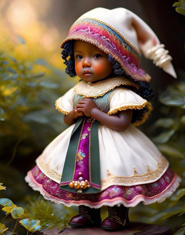 Dark Curly-Haired Doll in Vintage Dress and Bonnet Among Nature Background