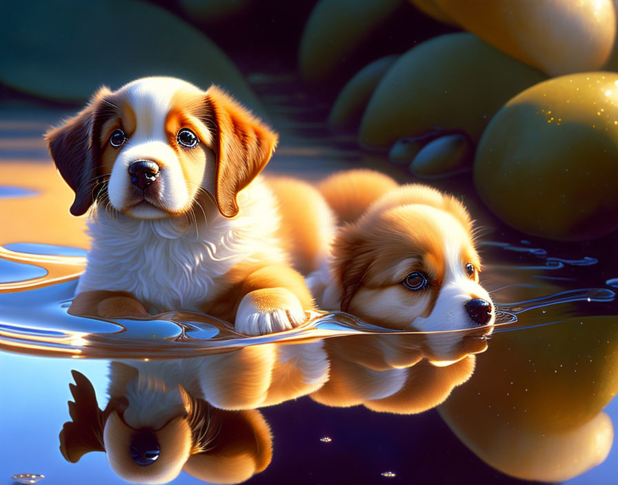 Adorable puppies with glossy coats reflected on serene water surface