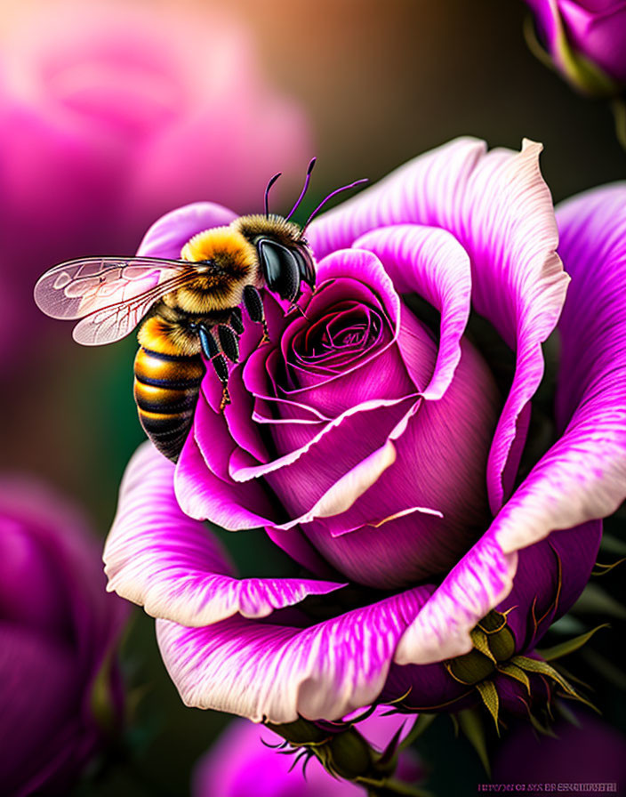 Bee collecting nectar on vibrant purple and white rose