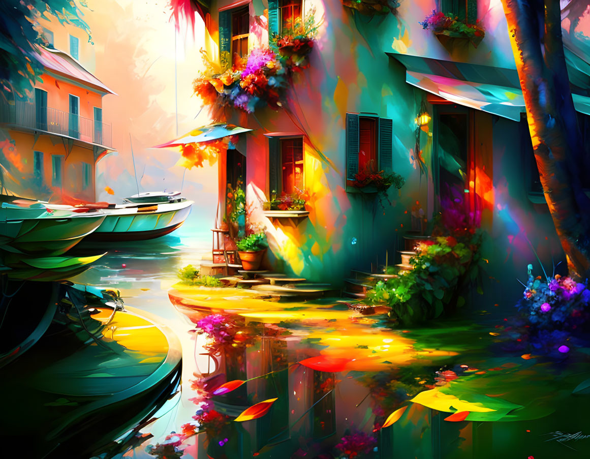 Colorful waterfront scene with flower-adorned buildings, docked boats, and shimmering reflections.