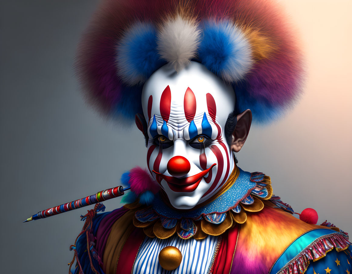 Vibrant Clown with Detailed Face Paint and Whimsical Expression