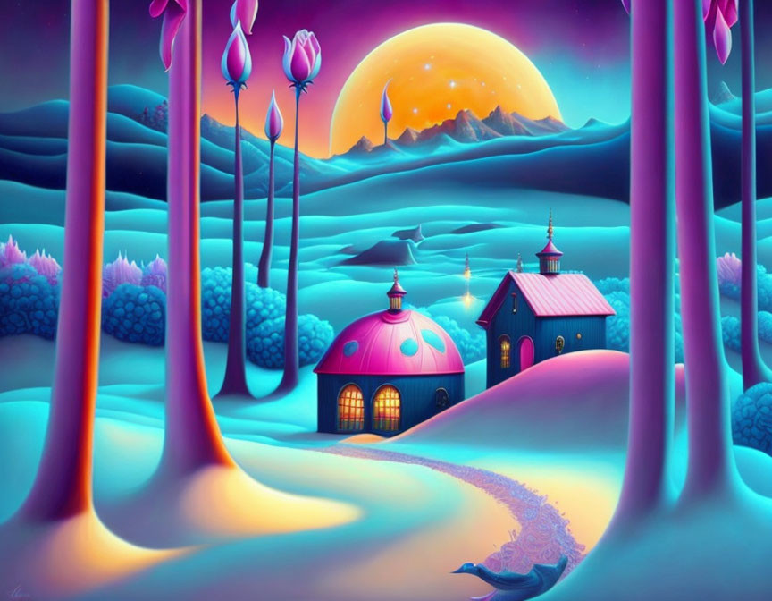 Whimsical landscape with purple dome building and pink trees under moon