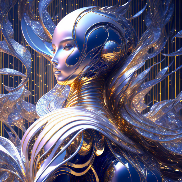 Futuristic digital artwork: metallic female figure with golden patterns and blue light