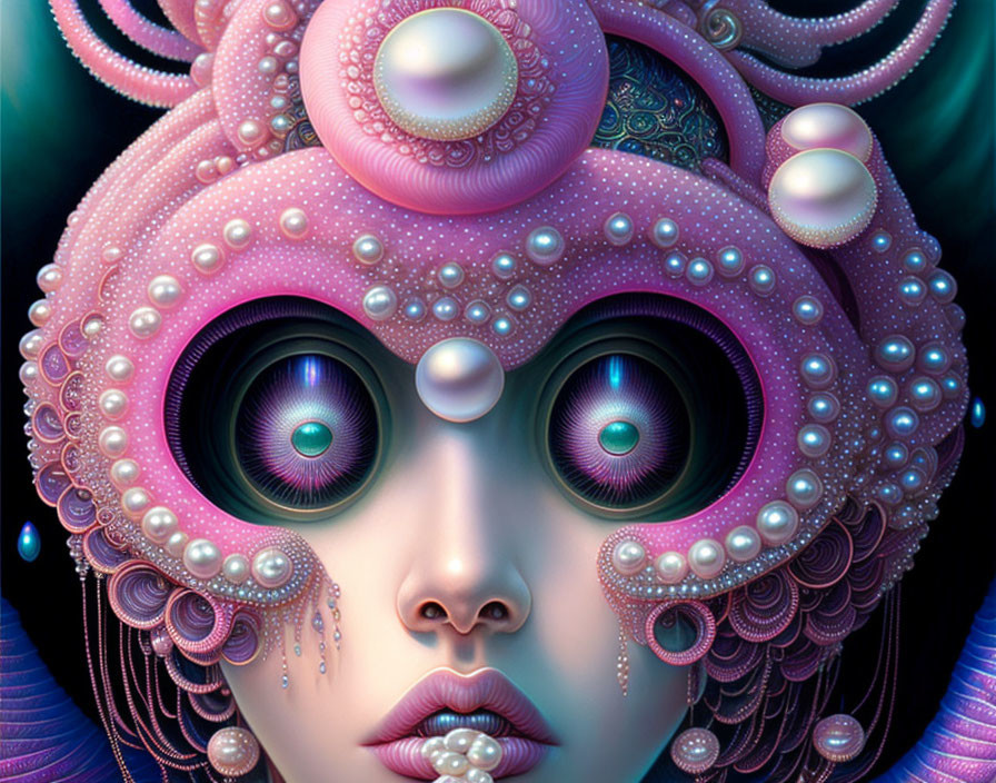 Woman with Multiple Eyes in Surreal Artwork with Pearl-like Elements