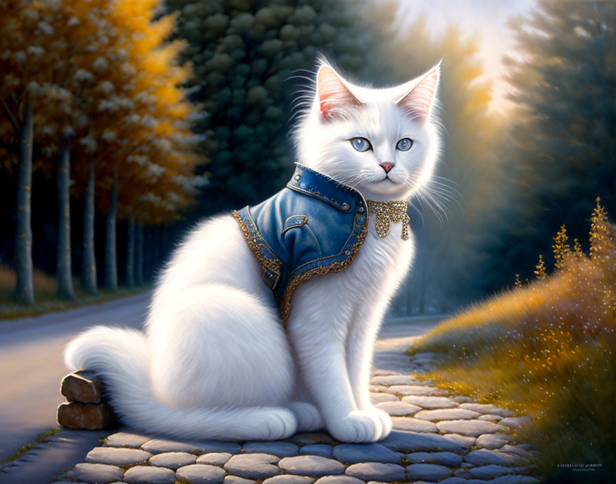 Fluffy white cat with blue eyes in blue vest on autumn path