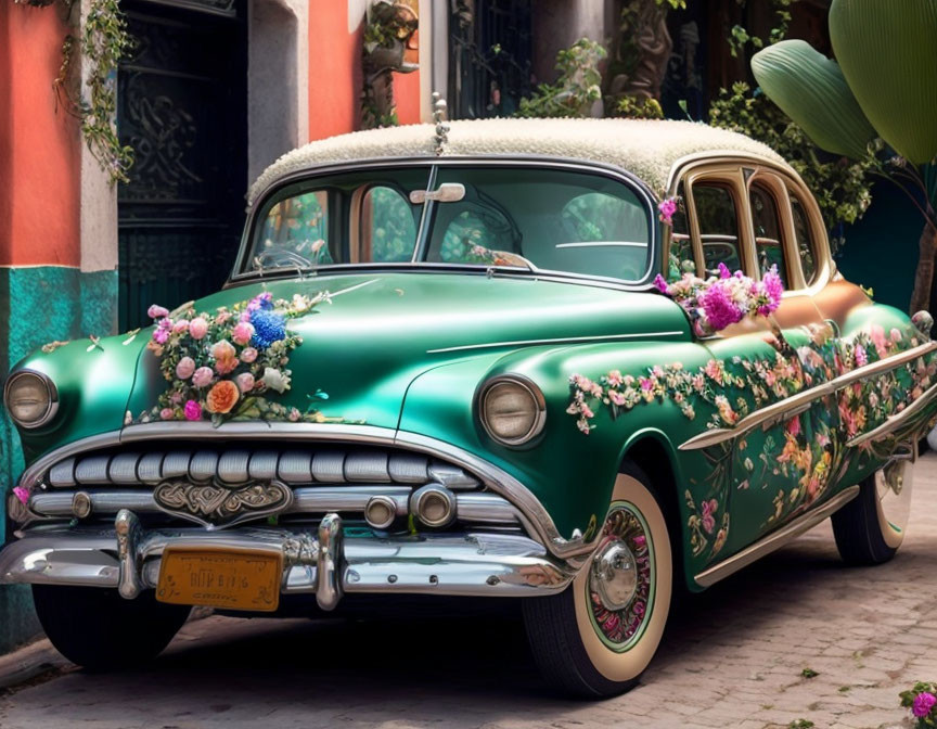 Vintage Green Car with Floral Design Parked Beside Vibrant Building