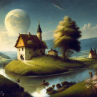 Medieval towers and vibrant flowers in fantasy landscape under large moon