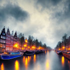 Dusk scene with illuminated street lamps by canal, historical buildings, boats, dramatic cloudy sky