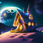 Digital artwork: Fairytale house under starry desert sky