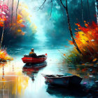 Tranquil fantasy landscape with red boat, autumn leaves, glowing lights, and blue forest.