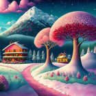 Whimsical landscape with oversized mushroom-like trees and pink house