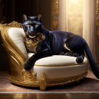 Majestic black panther on gold throne in luxurious room