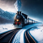 Vintage steam locomotive on snowy tracks in serene winter landscape