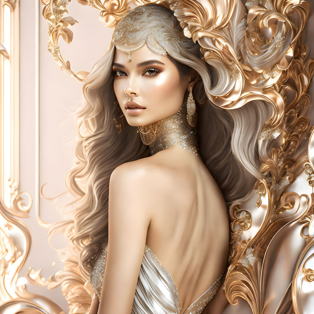 Baroque-style backdrop with woman in ornate gold jewelry.