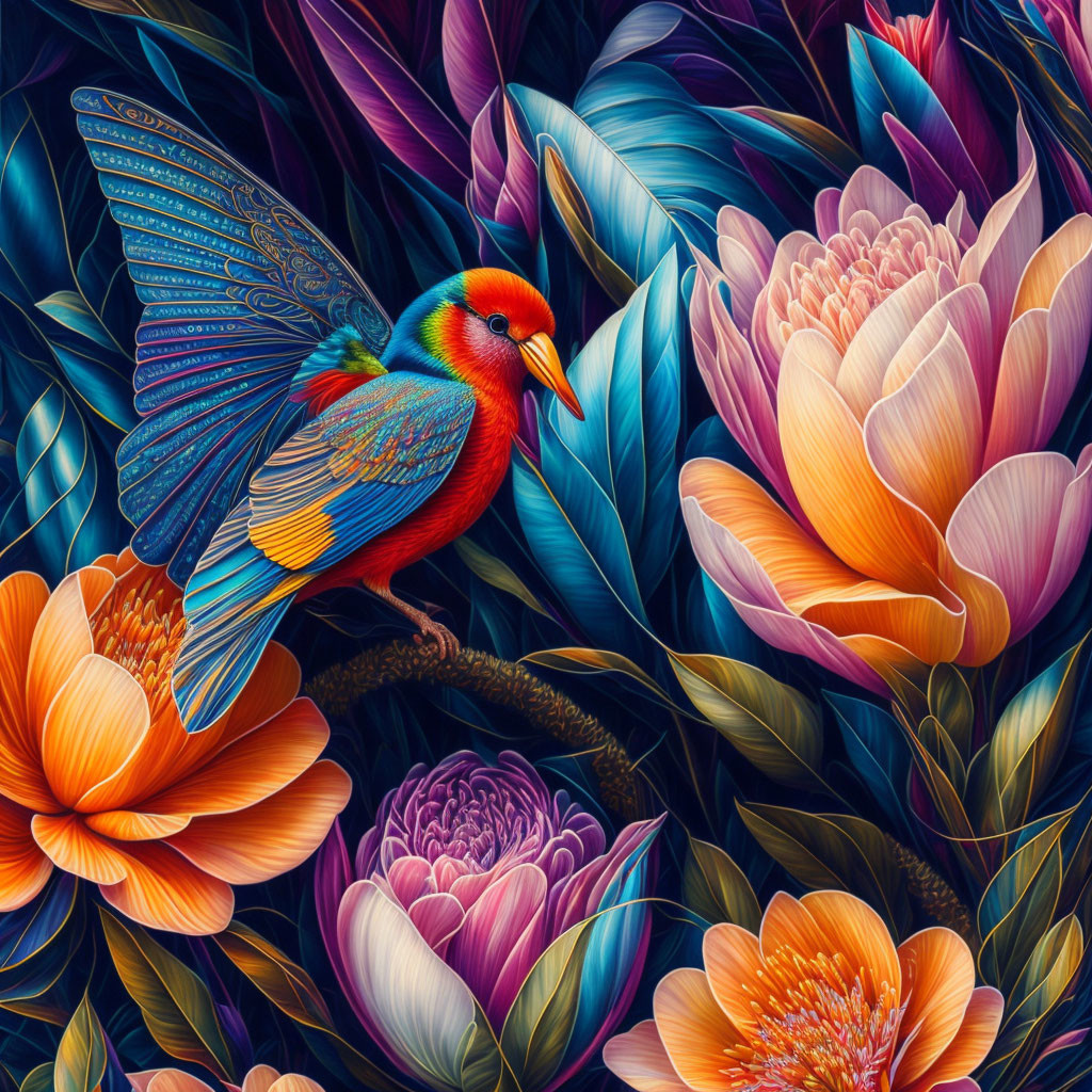 Colorful Bird with Blue Wings Among Vibrant Flowers in Pink, Purple, and Orange