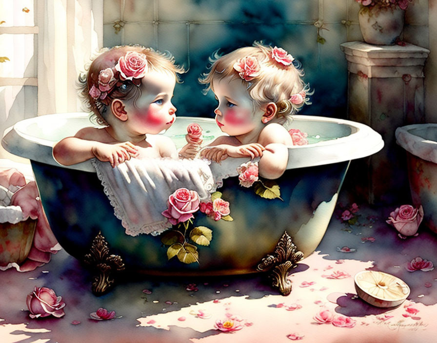 Illustrated babies in flower crowns together in bathtub with petals