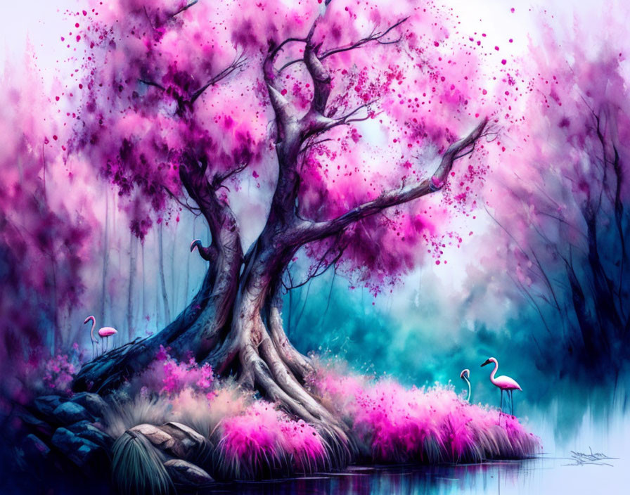 Colorful digital painting: Vibrant magenta tree with flamingos near serene water in misty teal