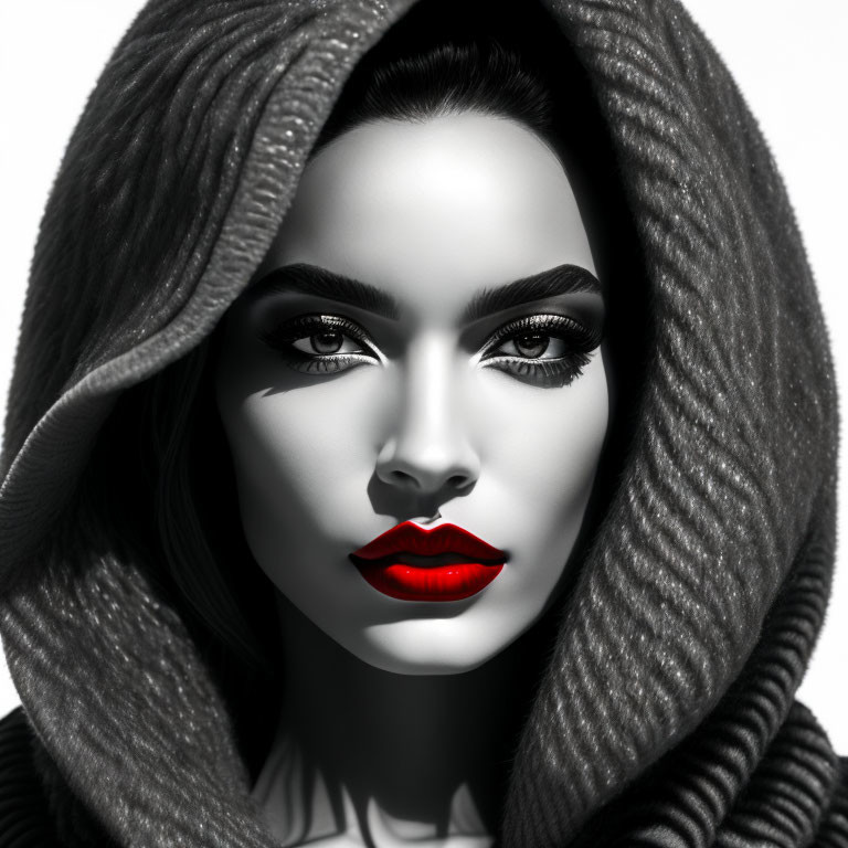 Monochrome portrait of woman with red lips and intense eyes