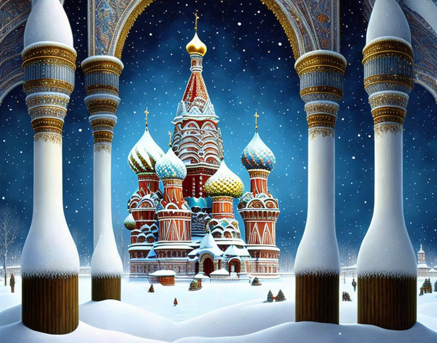 Colorful St. Basil's Cathedral in Moscow winter night scene