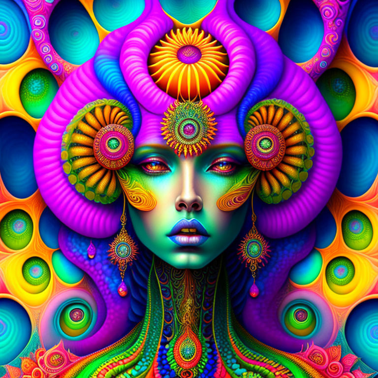 Colorful digital artwork of woman with psychedelic patterns and shapes in surreal setting