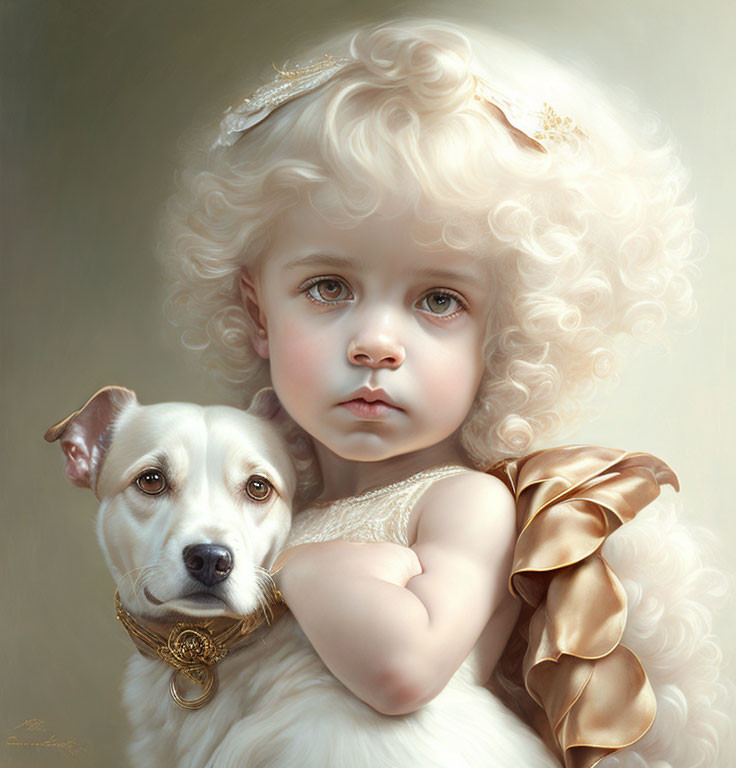 Child with curly blonde hair in golden dress hugging light dog