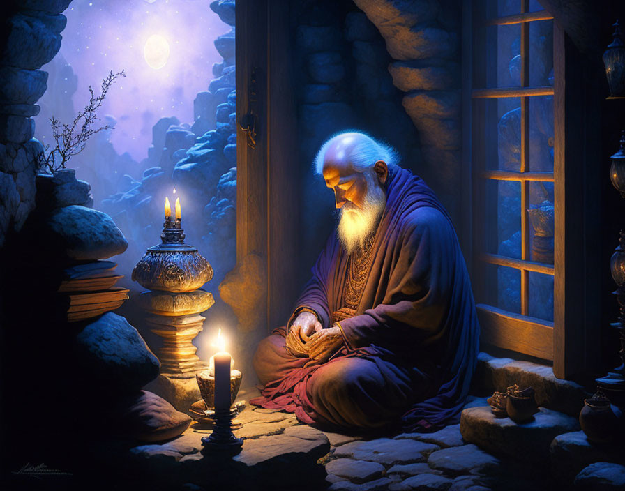 Elderly bearded man meditates by candlelight in snowy landscape