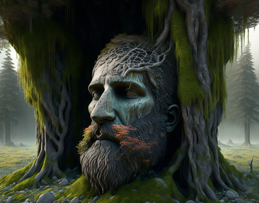 Man's face merges with tree, root beard, moss skin in foggy forest