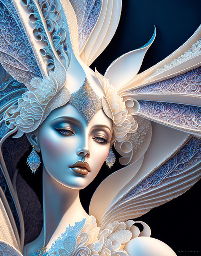 Detailed digital artwork of woman with feather-like headdress and lace textures on dark blue background