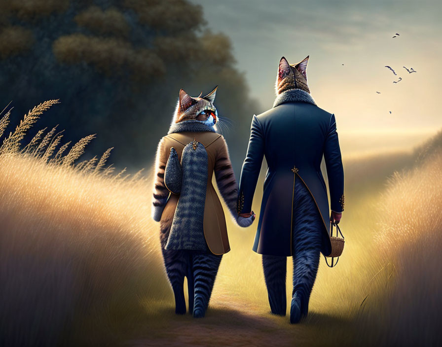 Anthropomorphic cats in stylish coats walking in golden field at dusk