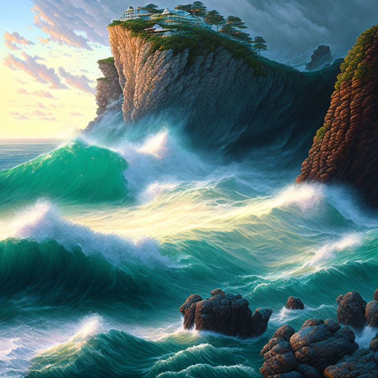Digital Artwork: Turbulent Waves Crashing on Rocky Cliff with Ocean View House