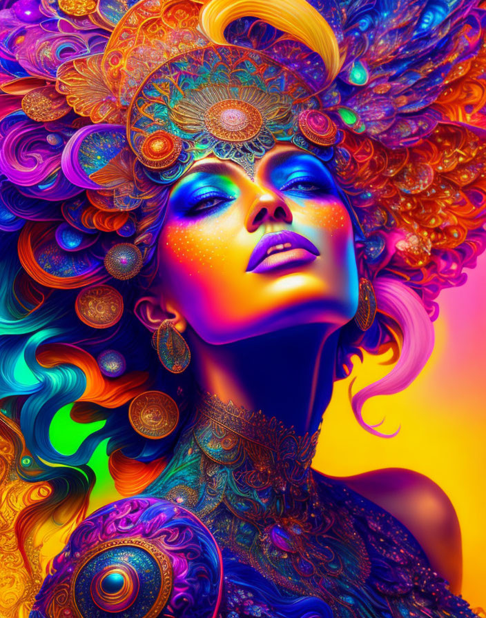 Colorful portrait of woman with intricate headgear on gradient background