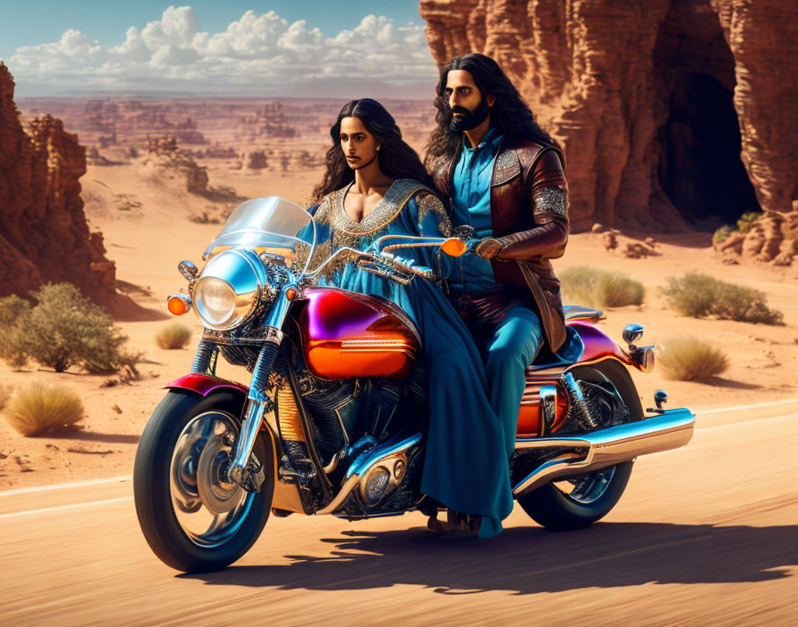 Man and woman in ornate attire ride colorful motorcycle in desert landscape