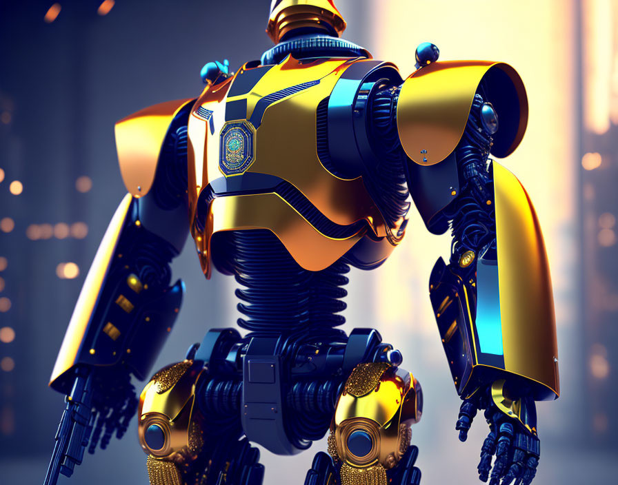 Blue and Gold Futuristic Robot in Torso and Shoulder Focus