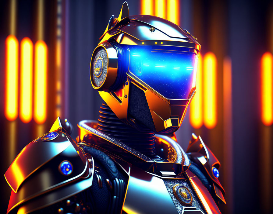 Futuristic robot with blue and gold helmet and glowing orange lights
