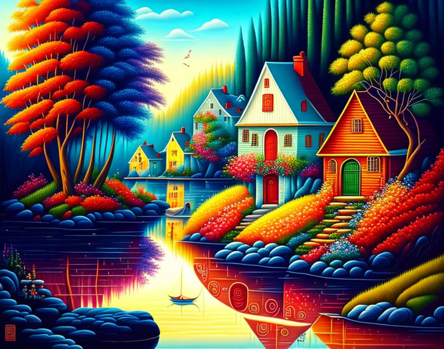 Colorful Whimsical Houses by Reflective Lake and Lush Trees