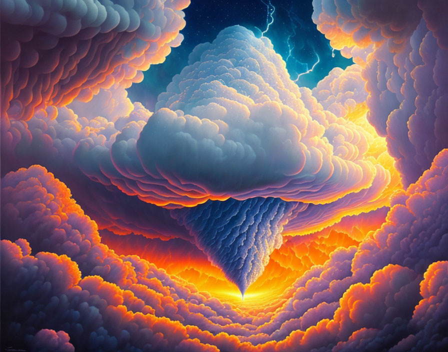 Surreal orange and blue glowing cloud formation with lightning