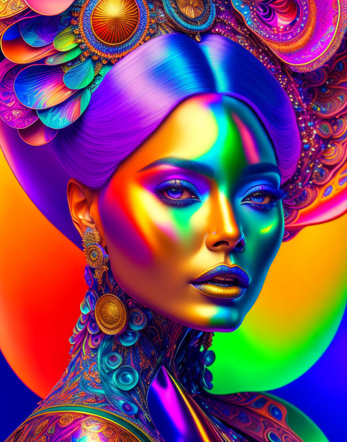 Colorful digital portrait of a woman with intricate headpiece and makeup in neon hues.