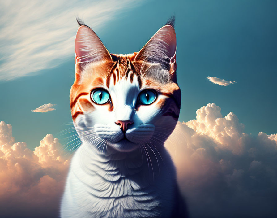 Digital Artwork: Cat with Striking Blue Eyes on Cloudy Blue Sky