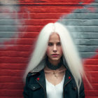 Blonde woman in black jacket against red brick wall