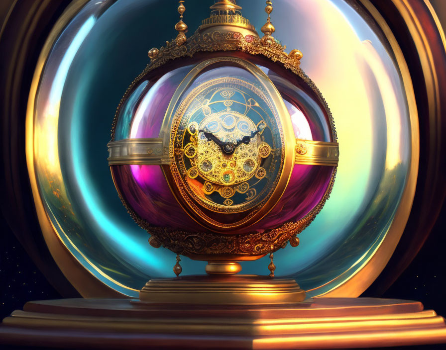 Vintage Clock with Gold Detailing in Glass Sphere on Glowing Circles