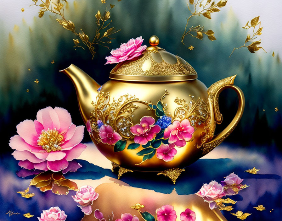 Golden teapot with pink and blue flower motifs on reflective surface