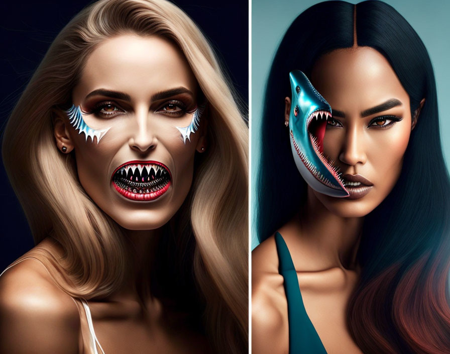 Two women with shark mouth makeup on dark background